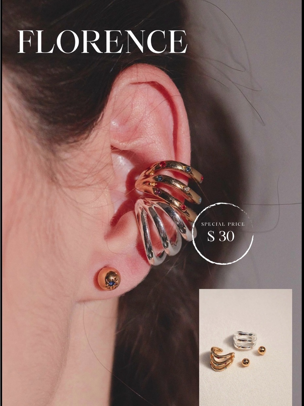 Two-Tone Spiral Ear Cuff & Stud Set - Gold & Silver